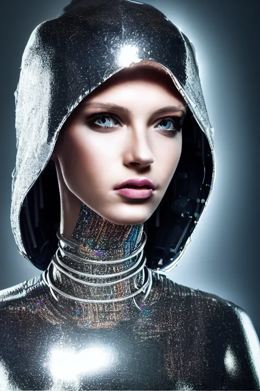 Image similar to beautifull cyberpunk woman model, wearing crystal armor, cables, luxury materials, symmetrical, cinematic, elegant, professional studio light, real dlsr photography, sharp focus, 4 k, ultra hd, sense of awe, high fashion