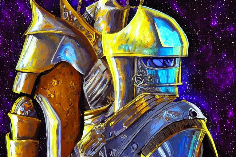 Prompt: digital art of a spiritual medieval knight wearing suit of armor looking up at the stars, acrylic art, universe, painting, pastel colors, synthwave, retro, cyberpunk,