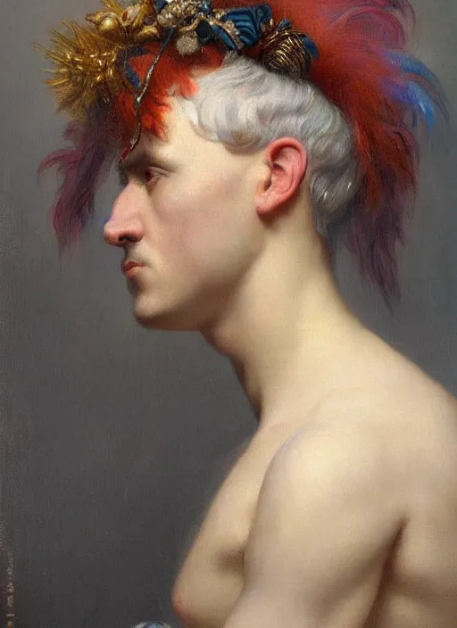 Image similar to a detailed portrait of old woamn with a extravagant mohawk by edouard bisson, blue hair, punk rock, oil painting, muted colours, soft lighting