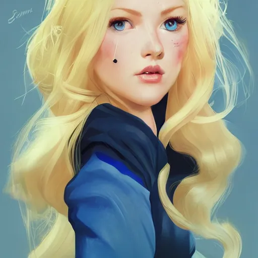 Image similar to portrait of beautiful girl with blond hair and blue eyes, League of Legend illustration by Sam Youn:1, profile picture by Gil Elvgren:2, asymmetrical, Organic Painting, Ambient Occlusion:3, Matte Painting, bold shapes, hard edges, street art, trending on artstation, realistic:2 by Sachin Teng:5