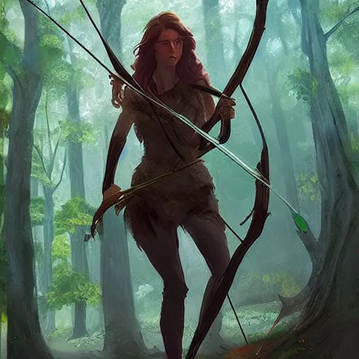 Prompt: fantasy art of a female forest archer in the style of greg rutkowski