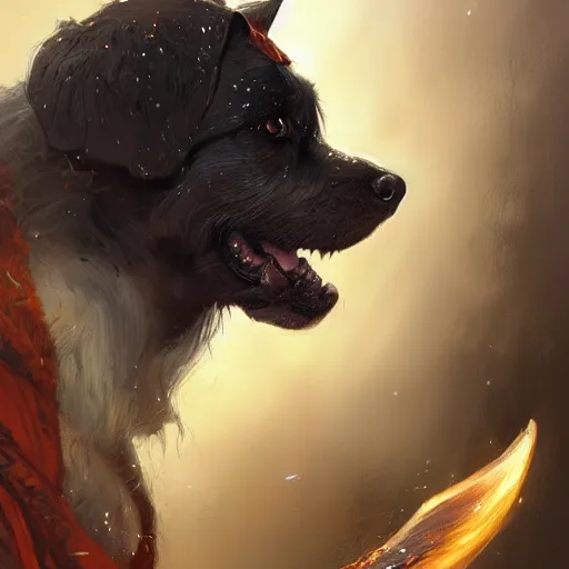 Prompt: Portrait of a dog as a sorcerer, magic, fantasy, D&D, intricate, cinematic lighting, highly detailed, digital painting, artstation, concept art, smooth, sharp focus, illustration, art by Artgerm and Greg Rutkowski