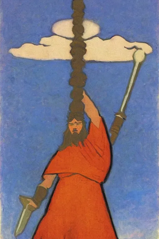 Image similar to thor with mjollnir, marvel, artwork by nicholas roerich,