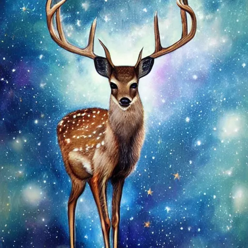 Image similar to wild deer in space, mural art