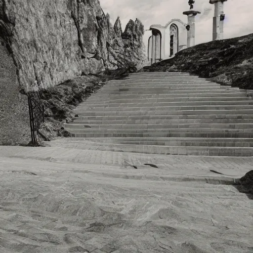 Image similar to black and white surreal photograph, highly detailed vast space made of stairsteps, sideview, detailed textures, natural light, mist, architecture photography, film grain, soft vignette, sigma 1 4 mm f / 1. 4 1 / 1 0 sec shutter, imax 7 0 mm footage