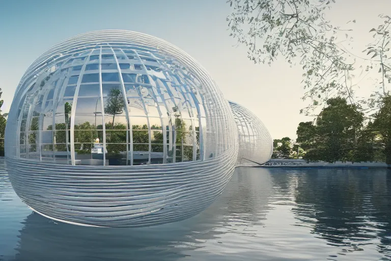 Prompt: a building composed of many white spherical egg shaped circular spaces arranged up and down. on the calm lake, people's perspective modern curved architecture, future, wood, marble, metal award winning, highly detailed 4 k art, dusk, unreal engine highly rendered, global illumination, radial light, internal environment by kazuyo sejima