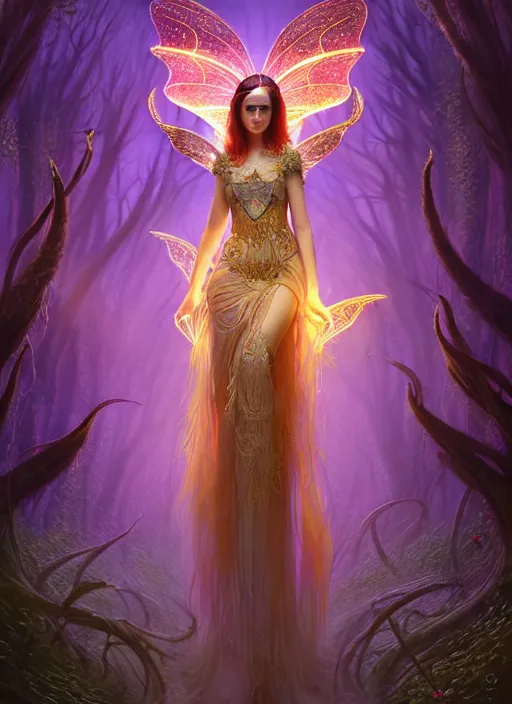 Image similar to stunningly beautiful female faerie priestess in amanita muscaria forest landscape, symmetrical wings on back, neon hair, fantasy art, wearing a dress of gossamer gold, inner glow, illustration, dramatic lighting, soft details, painting, art nouveau, octane render, 8 k, hd, by edmund blair leighton, brom, charlie bowater, faces by otto schmidt