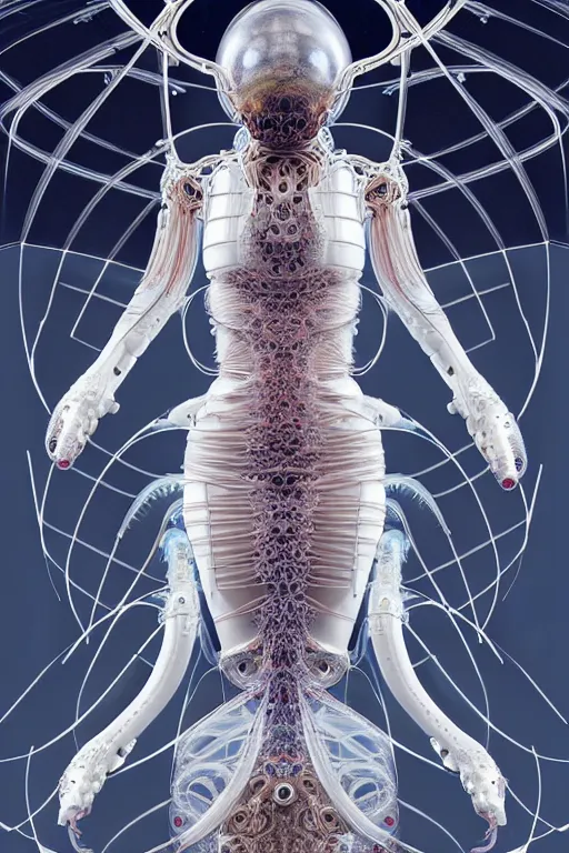 Image similar to background space station, baroque inflateble dress iris van herpen positing on floor, perfect symmetrical, full body shot, white helmet on face, inflateble shapes, wires, tubes, veins, jellyfish, white biomechanical details, wearing epic bionic implants, masterpiece, intricate, biopunk, vogue, highly detailed, artstation, concept art