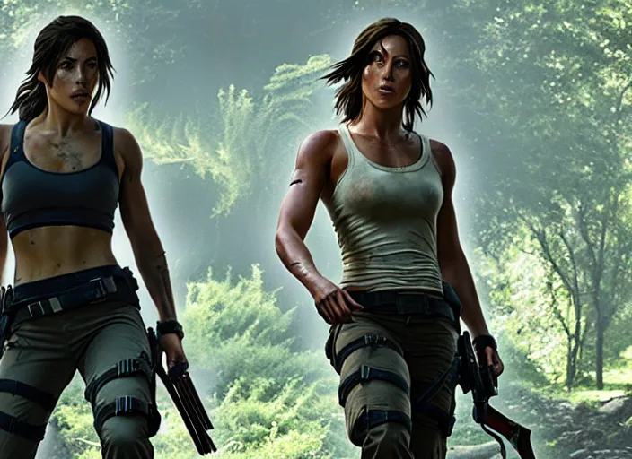 Image similar to film still of!!!! chloe bennett!!! as lara croft in new tomb raider movie, 8 k