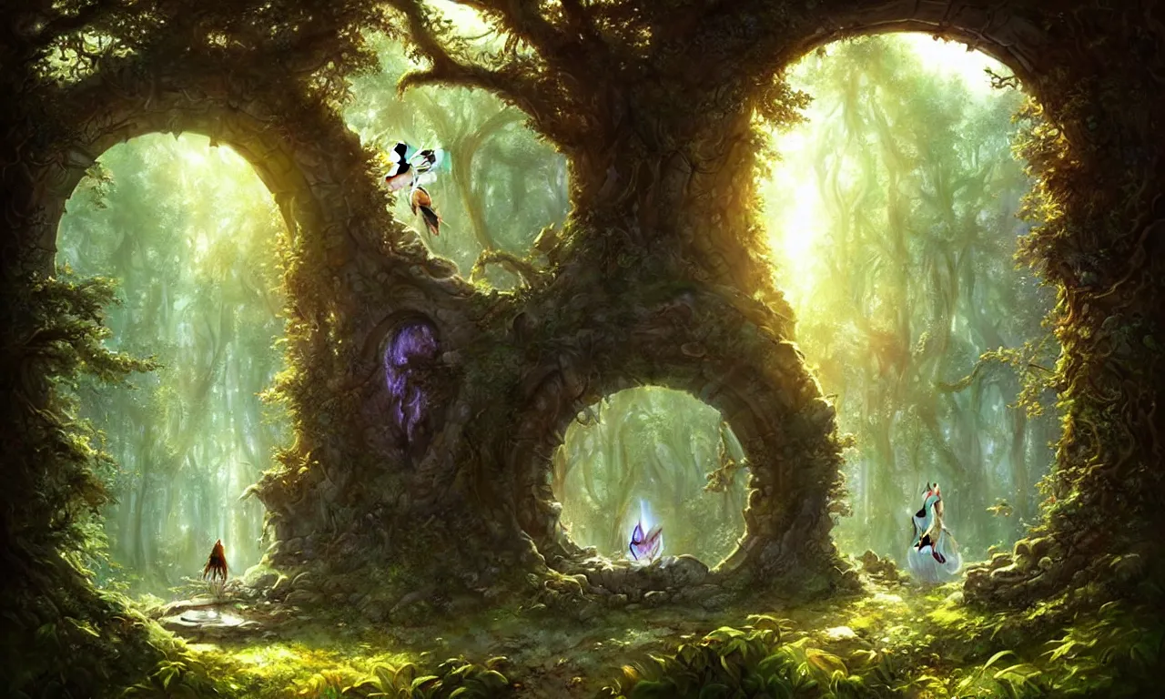 Image similar to Fantasy Magical fairy-tale portal in the forest. Round stone portal teleport in trees to other worlds. Fantastic landscape. Magic Altar in the fores, highly detailed, digital painting, artstation, concept art, smooth, sharp focus, illustration, art by artgerm and greg rutkowski and alphonse mucha