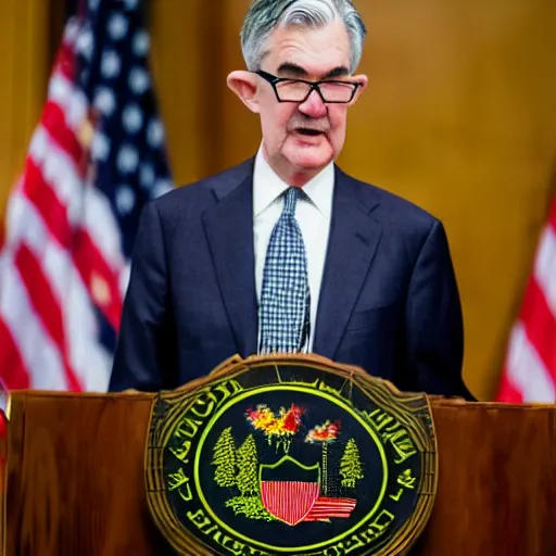Image similar to detailed photo of Jerome Powell using a flamethrower