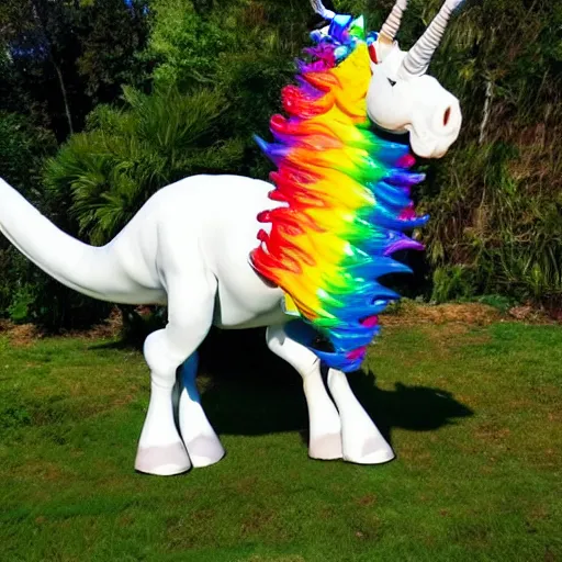 Prompt: a unicorn dinosaur that spews rainbow whipped cream