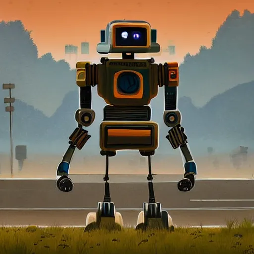 Prompt: agressive robot chasing citizens in the style of Simon Stalenhag