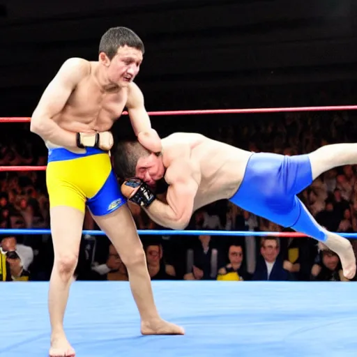 Prompt: Volodymyr Zelenskyj fighting Vladimir Putin in a wrestling match