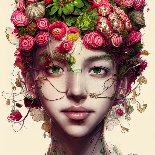 Image similar to the portrait of an absurdly beautiful, graceful, elegant, chaste, young woman made of strawberries and green petals, an ultrafine detailed illustration by kim jung gi, irakli nadar, intricate linework, bright colors, octopath traveler, final fantasy, angular, unreal engine 5 highly rendered, global illumination, radiant light, detailed and intricate environment