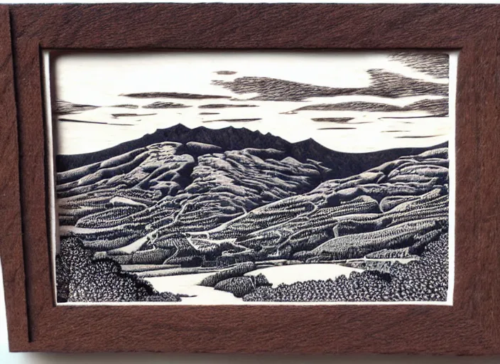 Prompt: an award winning wood engraving on paper of The highlands of Scotland