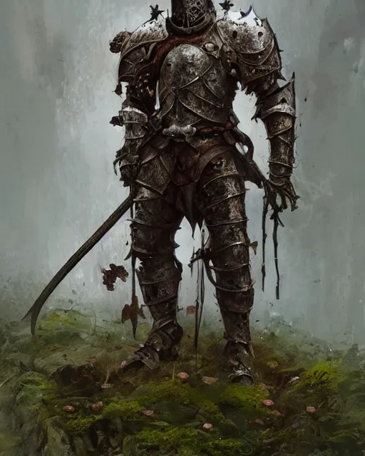 Image similar to An undead medieval knight wearing rusted armor covered in moss, by Stanley Artgerm Lau, WLOP, Rossdraws, James Jean, Andrei Riabovitchev, Marc Simonetti, and Sakimichan, tranding on artstation