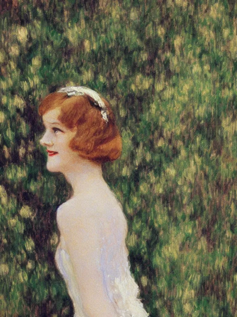 Image similar to zelda fitzgerald as a beautiful young girl, wearing 1 9 2 0 s fashion, brown hair, slim, fair, turning her head and smiling, in the sun, out of focus, backlit, close up, oil on canvas, by monet, in the style of le promenade