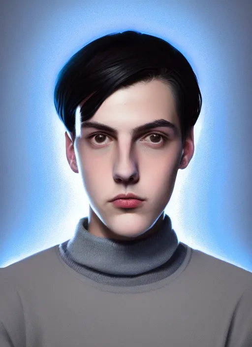 Image similar to portrait of teenage jughead jones wearing a light grey crown, crown, blue turtleneck, closed eyes, photorealistic, black hair, glowing lighting, intricate, elegant, glowing lights, highly detailed, digital painting, artstation, concept art, smooth, sharp focus, illustration, art by wlop, mars ravelo and greg rutkowski