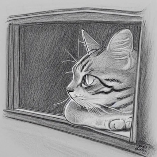 Image similar to a tabby cat named clarence laying on a table looking out the window, it is a sunny day, in the style of a hand drawn pencil sketch