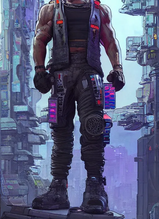 Image similar to greg. apex legends buff cyberpunk weight lifter. concept art by james gurney and mœbius. gorgeous face, cinematic, dramatic lighting ( cyberpunk 2 0 7 7 ), clean aesthetic