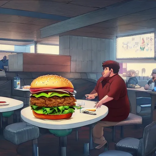 Prompt: An obese T rex eating a burger in a fast food restaurant, extra detailed, digital illustration, by Makoto Shinkai and thomas kinkade, digital painting, Matte painting, trending on artstation and unreal engine