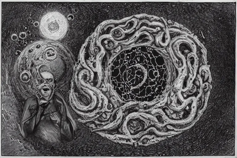 Image similar to Outside the ordered universeis that amorphous blight of nethermost confusion which blasphemes and bubbles at the center of all infinity—the boundless daemon sultan Azathoth, whose name no lips dare speak aloud, and who gnaws hungrily in inconceivable, unlighted chambers beyond time and space amidst the muffled, maddening beating of vile drums and the thin monotonous whine of accursed flutes. Colored. From artstation Painted by Wayne Barlowe and Zdislav Beksinski