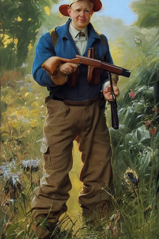 Prompt: Elmer Fudd holding a shotgun, golden hour, in a garden, artstation, by J. C. Leyendecker and Peter Paul Rubens,