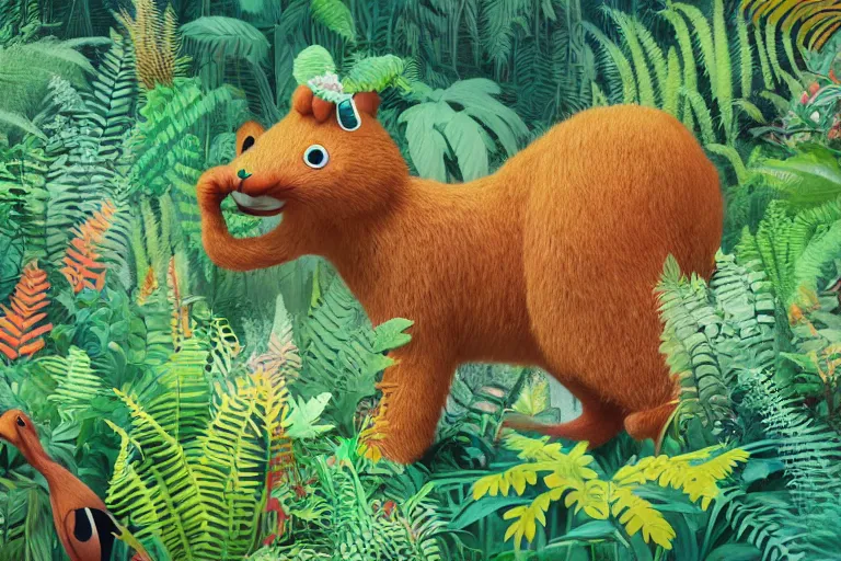 Prompt: unusual animal surrounded by a lot of ferns, jungle, highly detailed, glitch error, unreal engine render concept art, style of henri rousseau and richard scarry and hiroshi yoshida