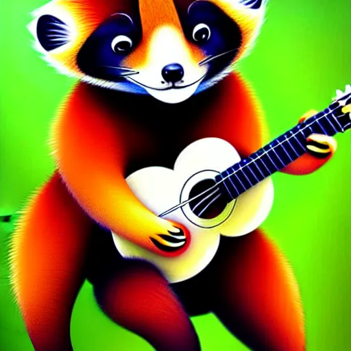 Prompt: cute fluffy Ailurus fulgens playing a ukulele, fully detailed, high quality , 4k , digital art, digital painting, soft light , masterpiece