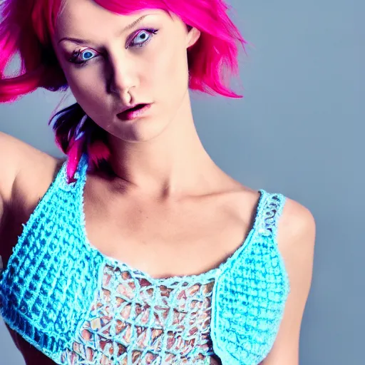 Image similar to A photo of a caucasian female model with blue hair wearing a crocheted croptop