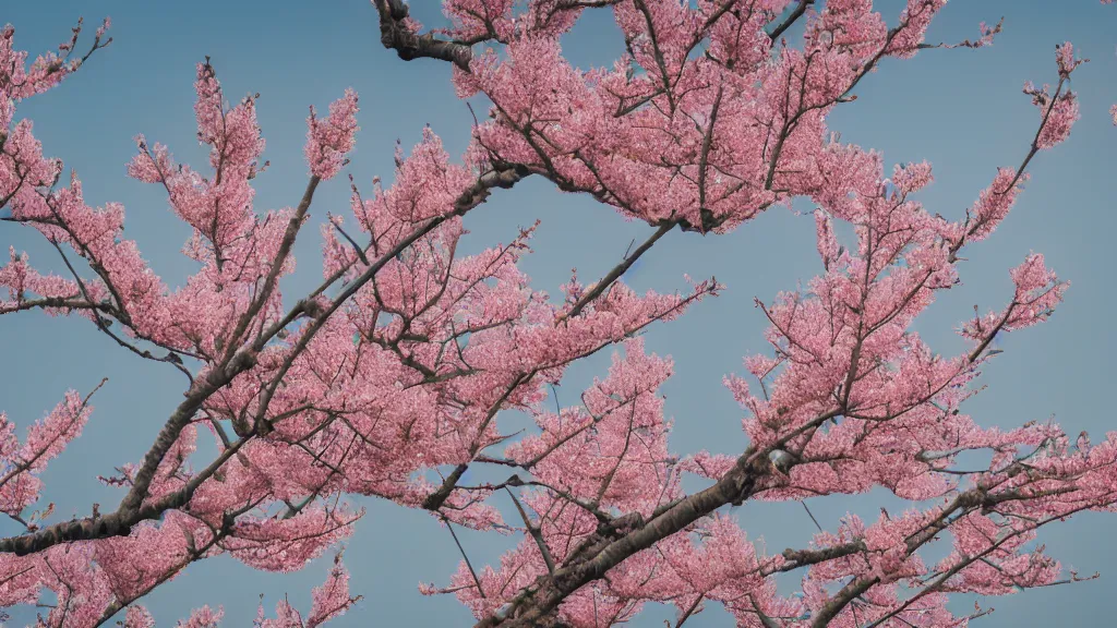 Image similar to a watercolor of Peach blossoms bloom along the Shanghai skyline, The soft pinks and greens of the flowers are offset by the blue of the sky and the gray of the cityscape. HD, Octane render 8K,