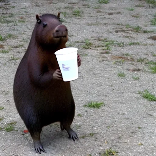 Image similar to capybara policeman drinking coffe