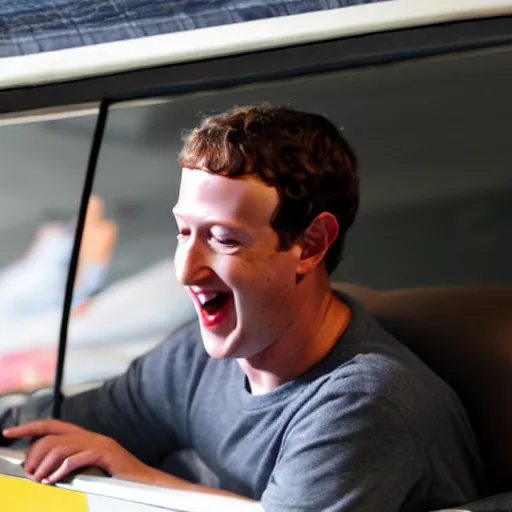 Image similar to mark zuckerberg in a flannel pajama onesie getting tucked into a racecar bed with a big smile