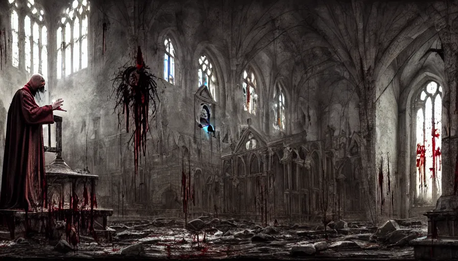Prompt: dark rotting priest conducts rite of baptism, destroyed church, blood, symbols, religion, death, fear, horror, ultra realistic, hyperrealism,, fine details, detailed and intricate environment, by stephan koldi, by marc simonetti, 4 k