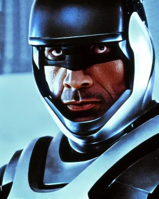 Image similar to film still close - up shot of dwayne johnson as robocop from the movie robocop. photographic, photography