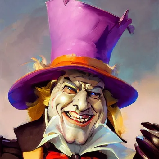 Image similar to greg manchess portrait painting of partially armored mad hatter from alice in wonderland as overwatch character, wacky, medium shot, asymmetrical, profile picture, organic painting, sunny day, matte painting, bold shapes, hard edges, street art, trending on artstation, by huang guangjian and gil elvgren and jesper ejsing