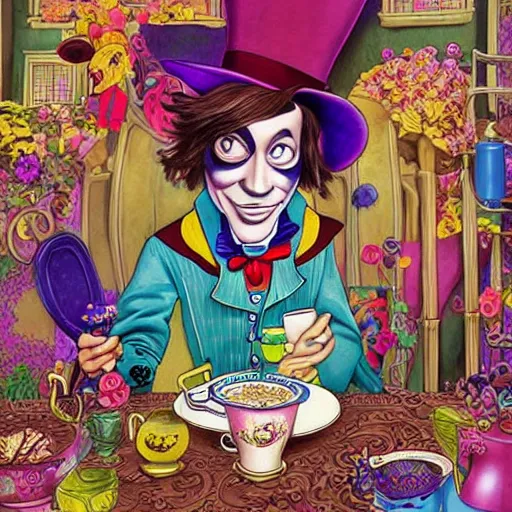 Image similar to whimsical pixar Johnny Depp drinking tea in alice in wonderland Willy Wonka's Chocolate Factory, Illustration, Colorful, insanely detailed and intricate, super detailed, by Lulu Chen