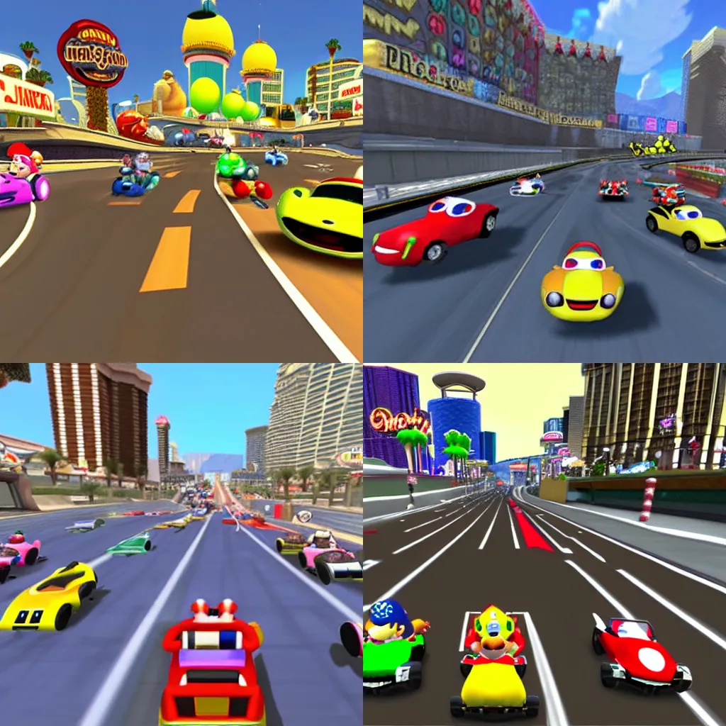 Prompt: in-game screenshot of dozen cars riding through city of Las Vegas in Mario Kart video game