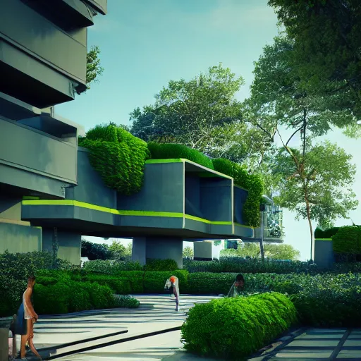 Prompt: sci fi architecture modern design, detailed, greens, blue colors, trees, people, octane render.