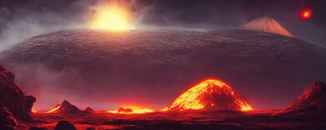 Image similar to ” outer planet with erupting volcanoes, [ art by paul lehr, cinematic, detailed, epic, widescreen, opening, establishing, mattepainting, photorealistic, realistic textures, octane render ] ”