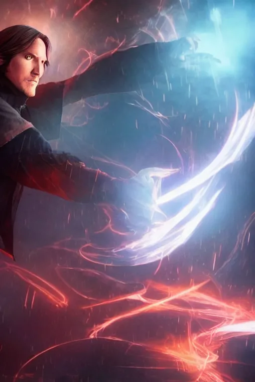 Image similar to Matthew Mercer is an all powerful sorcerer, realistic cinematic shot, swirling magic, subtle fog and mood lighting