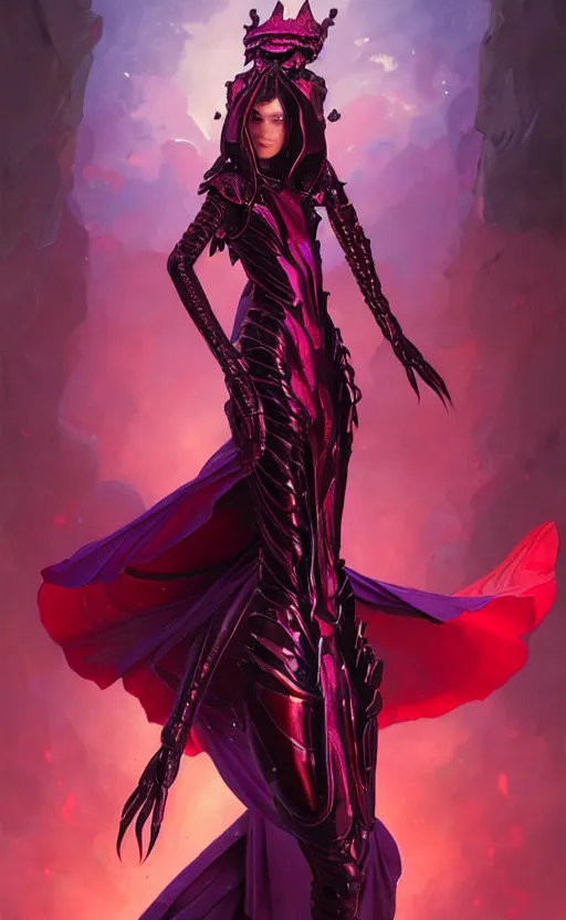 Prompt: Gothic crustacean princess in red and purple chitin armor, sci-fi, highly detailed, digital painting, artstation, concept art, smooth, sharp focus, illustration, art by artgerm and greg rutkowski and alphonse mucha