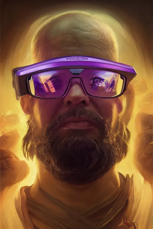 Prompt: portrait of middle aged video gaming god with VR glasses, god of video games, D&D, fantasy, dark purple, highly detailed, digital painting, artstation, golden glow, concept art, smooth, sharp focus, illustration, art by artgerm and greg rutkowski and alphonse mucha