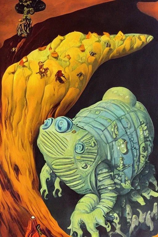 Prompt: a queen on top of a giant tardigrade retro japanese monster slimy leather, oil painting, 7 0 s vintage art, by georgia o keeffe, by gustave dore, by frank frazetta, nausicaa