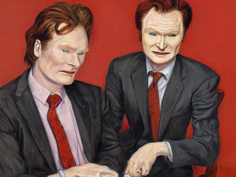 Image similar to Close-up portrait of Conan O'Brien , painting by Paula Rego, high detail, high resolution