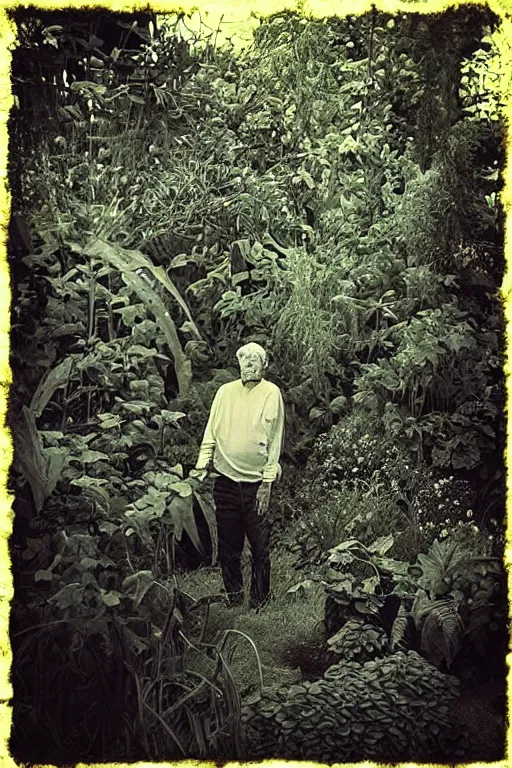 Prompt: “Old man in a garden full of strange and scary plants. Photo in style of Matt Mahurin. Dark. Cinematic lighting.”