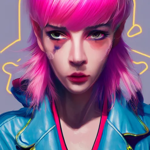 Image similar to A colourful neon filled painting of a female gang leader with white hair by Wlop and Z eD, Cyberpunk, handsome face, bomber jacket, white hair, yellow iris, golden eyes, trending on artstation, pixiv, 4k, HDR, unreal engine