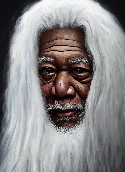 Image similar to portrait of morgan freeman as evil saurman the white, long white hair and white beard, long white flowing robes, long black wizard staff by alan lee, lord of the rings, smooth, oil painting, matte painting, concept art, trending on artstation, promotional artwork, film still, elegant, photorealistic facial features, intricate, detailed face, cinematic lighting