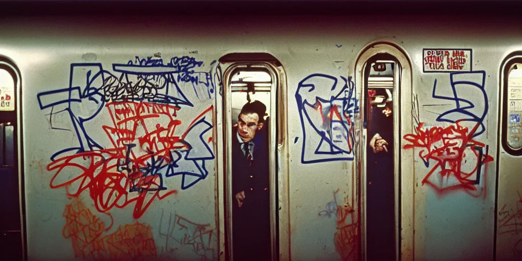 Image similar to new york subway cabin 1 9 8 0 s inside all in graffiti, policeman closeup, coloured film photography, christopher morris photography, bruce davidson photography